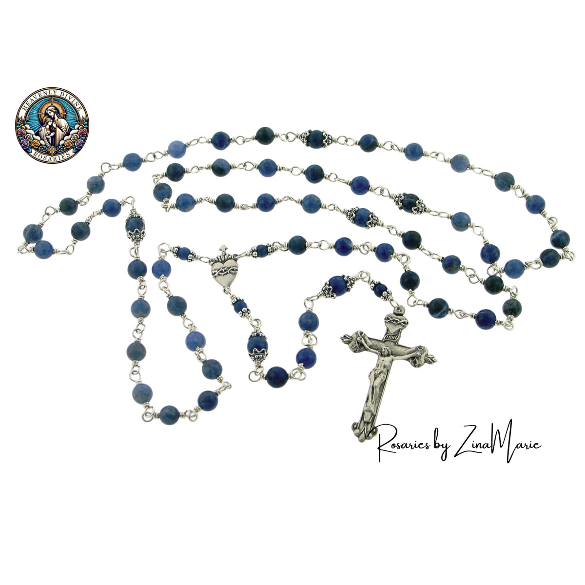 Scapular Sacred Heart Sodalite Sterling Wire-Wrapped Rosary by Zina Marie,