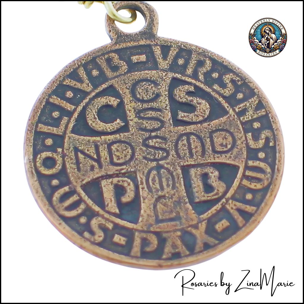 Handmade St. Benedict 9 Bead Chaplet by Zina Marie, Back of St Benedict Bronze Medal,