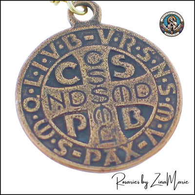 Handmade St. Benedict 9 Bead Chaplet by Zina Marie, Back of St Benedict Bronze Medal, Heavenly Divine Rosaries