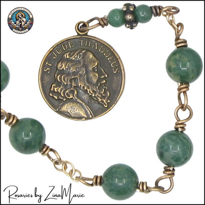 Handmade Front of St. Jude Thaddeus Medal, 9 Bead Chaplet by Zina Marie, bronze / sterling silver, Heavenly Divine Rosaries