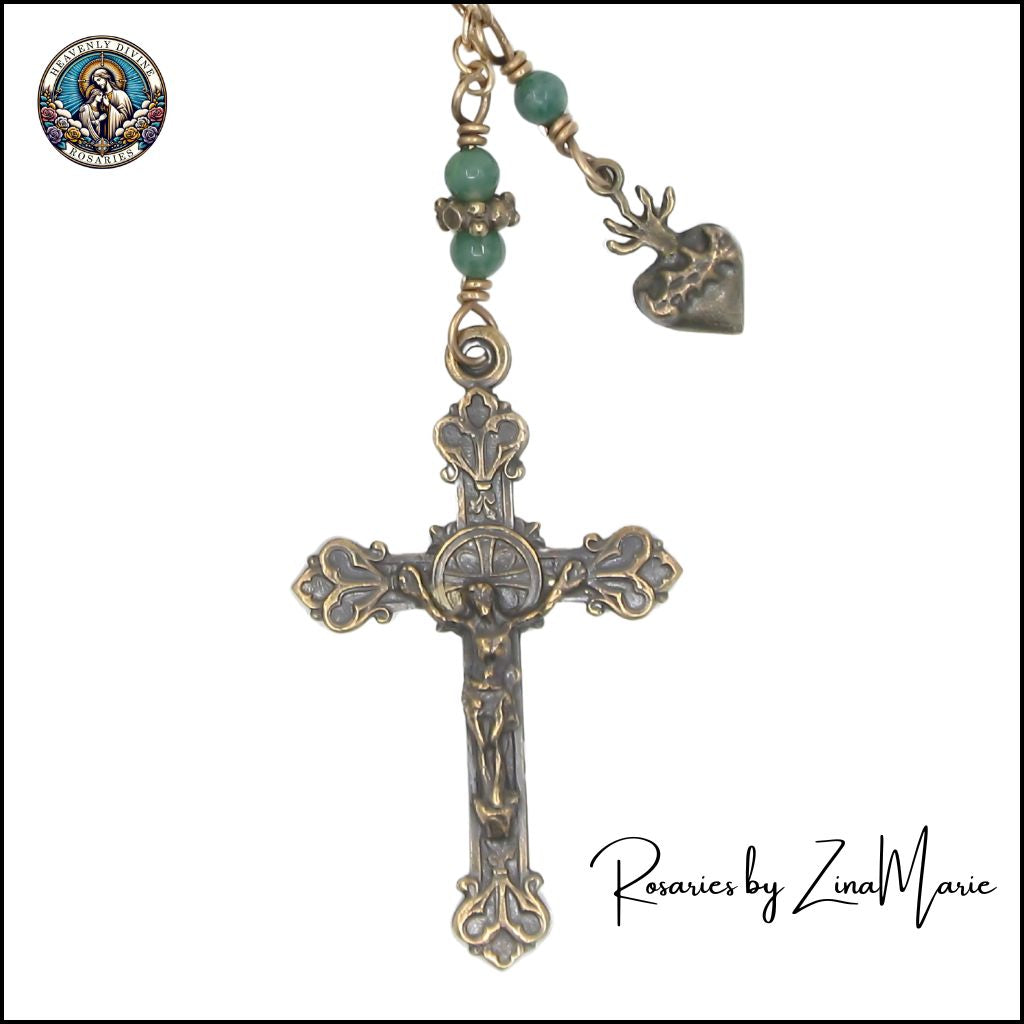Handmade St. Jude Thaddeus 9 Bead Chaplet by Zina Marie, Bronze 2" Crucifix with Sacred Heart Dangle,