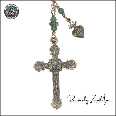 Handmade St. Jude Thaddeus 9 Bead Chaplet by Zina Marie, Bronze 2" Crucifix with Sacred Heart Dangle, Heavenly Divine Rosaries