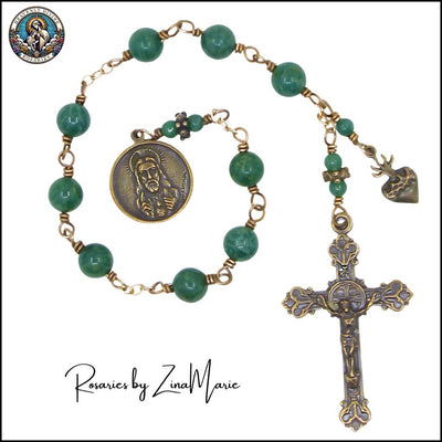 Handmade Back of St. Jude Thaddeus with the Sacred Heart of Jesus Medal, 9 Bead Chaplet by Zina Marie, bronze / sterling silver, Heavenly Divine Rosaries
