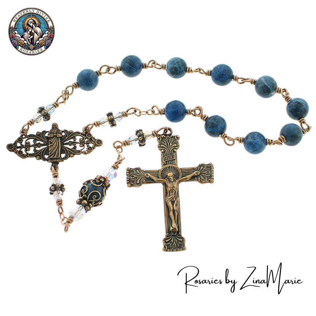 Handmade St. Teresa of Calcutta Wire-Wrapped Pocket Rosary by Zina Marie, 8mm Sodalite and Crystal beads, Mother Teresa Medal 1/2-inch x 1 1/2-inch and Crucifx 2"