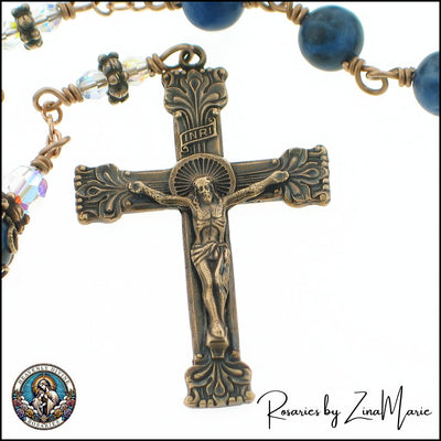 Handmade St. Teresa of Calcutta Wire-Wrapped Pocket Rosary by Zina Marie, 8mm Sodalite and Crystal beads, Crucifix 2", Heavenly Divine Rosaries