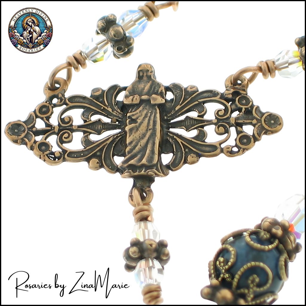 Handmade St. Teresa of Calcutta Wire-Wrapped Pocket Rosary by Zina Marie, 8mm Sodalite and Crystal beads, Mother Teresa Medal 1/2-inch x 1 1/2-inch