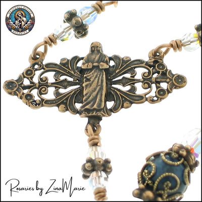 Handmade St. Teresa of Calcutta Wire-Wrapped Pocket Rosary by Zina Marie, 8mm Sodalite and Crystal beads, Mother Teresa Medal 1/2-inch x 1 1/2-inch, Heavenly Divine Rosaries