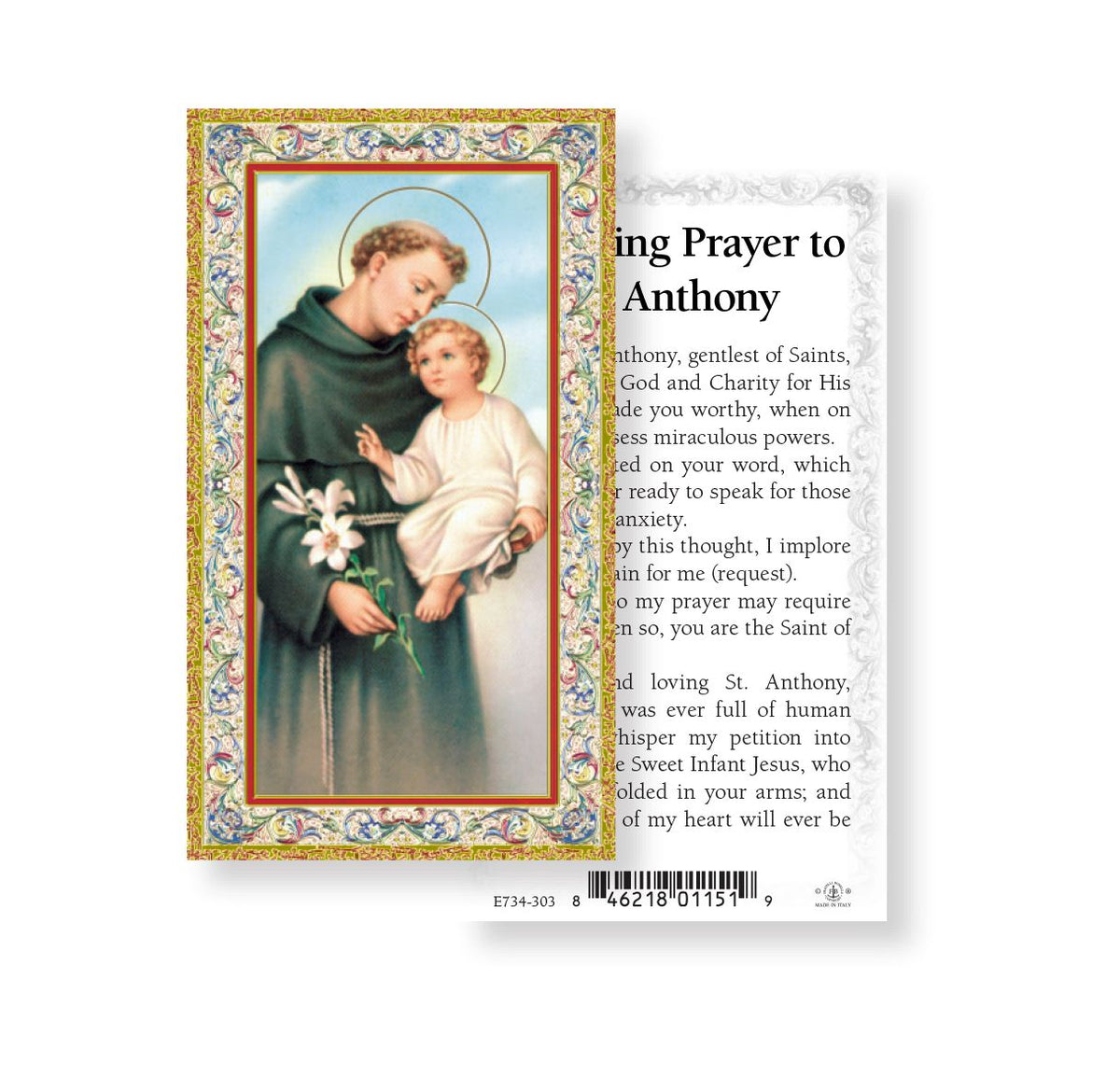 <span data-mce-fragment="1">Saint Anthony</span> Unfailing Prayer Gold Embossed Paper Holy Cards,