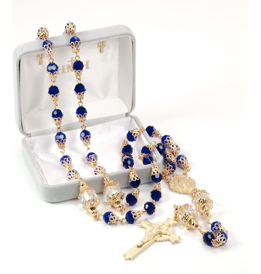 HMH Religious Brass Mary Blue Tear Drop Catholic Rosary in White Box,