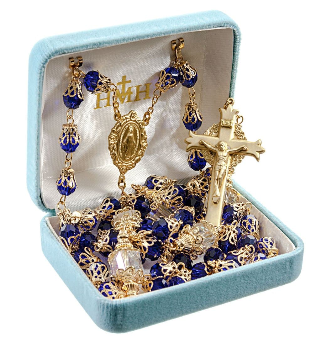 HMH Religious Brass Mary Blue Tear Drop Catholic Rosary in Blue box,