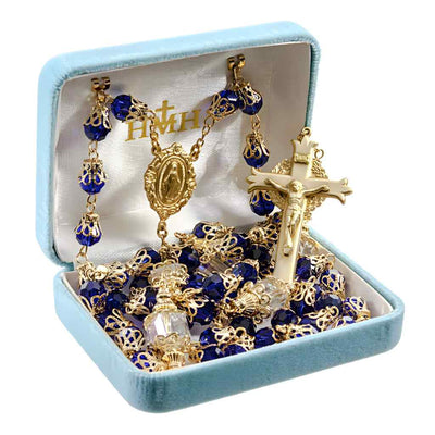 Brass Mary Blue Tear Drop Catholic Rosary in Blue gift box, HMH Religious (view 2)