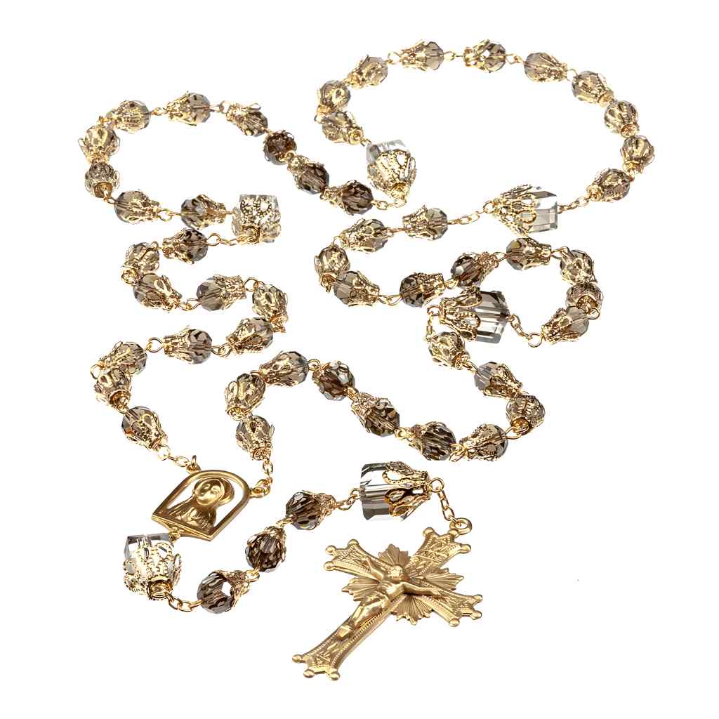 Praying Madonna Smoked 8mm Glass Tulip Capped Rosary, HMH Religious (view 2)