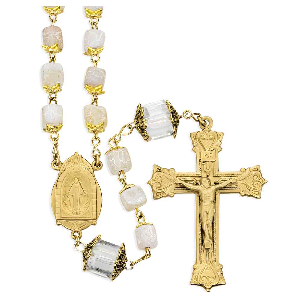 HMH Religious 7mm square mauve capped beads brass rosary with 10mm square double capped crystal Our Father beads rosary and brass Miraculous centerpiece and crucifix