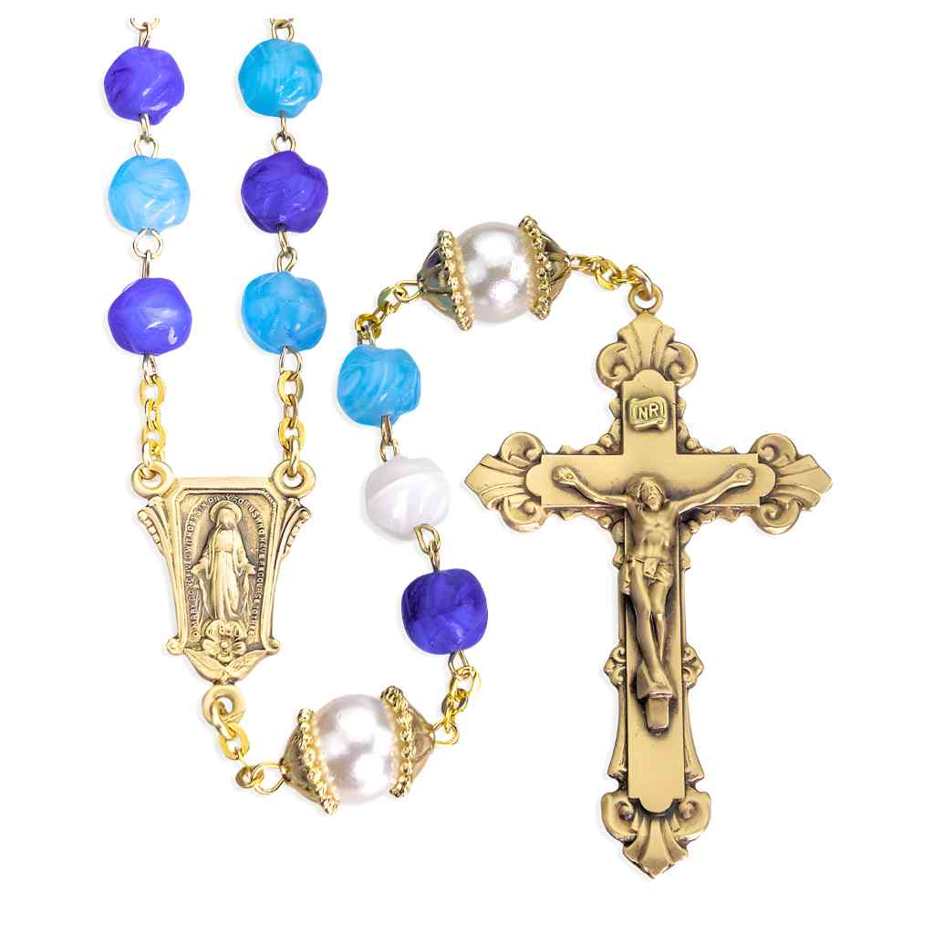 8mm Aqua, Blue & White Glass brass rosary with 12mm double capped Our Father beads rosary, exclusive brass Miraculous centerpiece and crucifix (view 1)