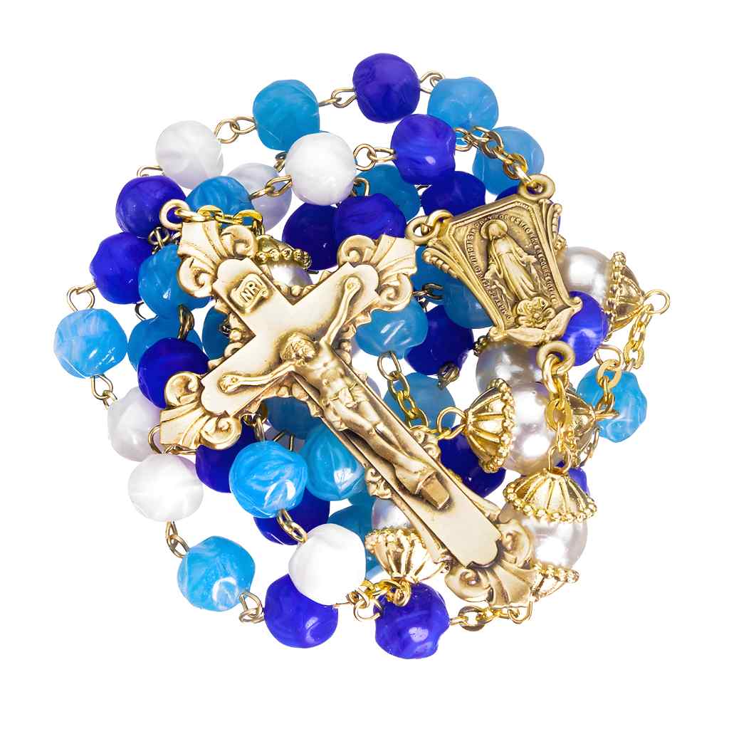 8mm Aqua, Blue & White Glass brass rosary with 12mm double capped Our Father beads rosary and brass Miraculous centerpiece and crucifix (view 2)