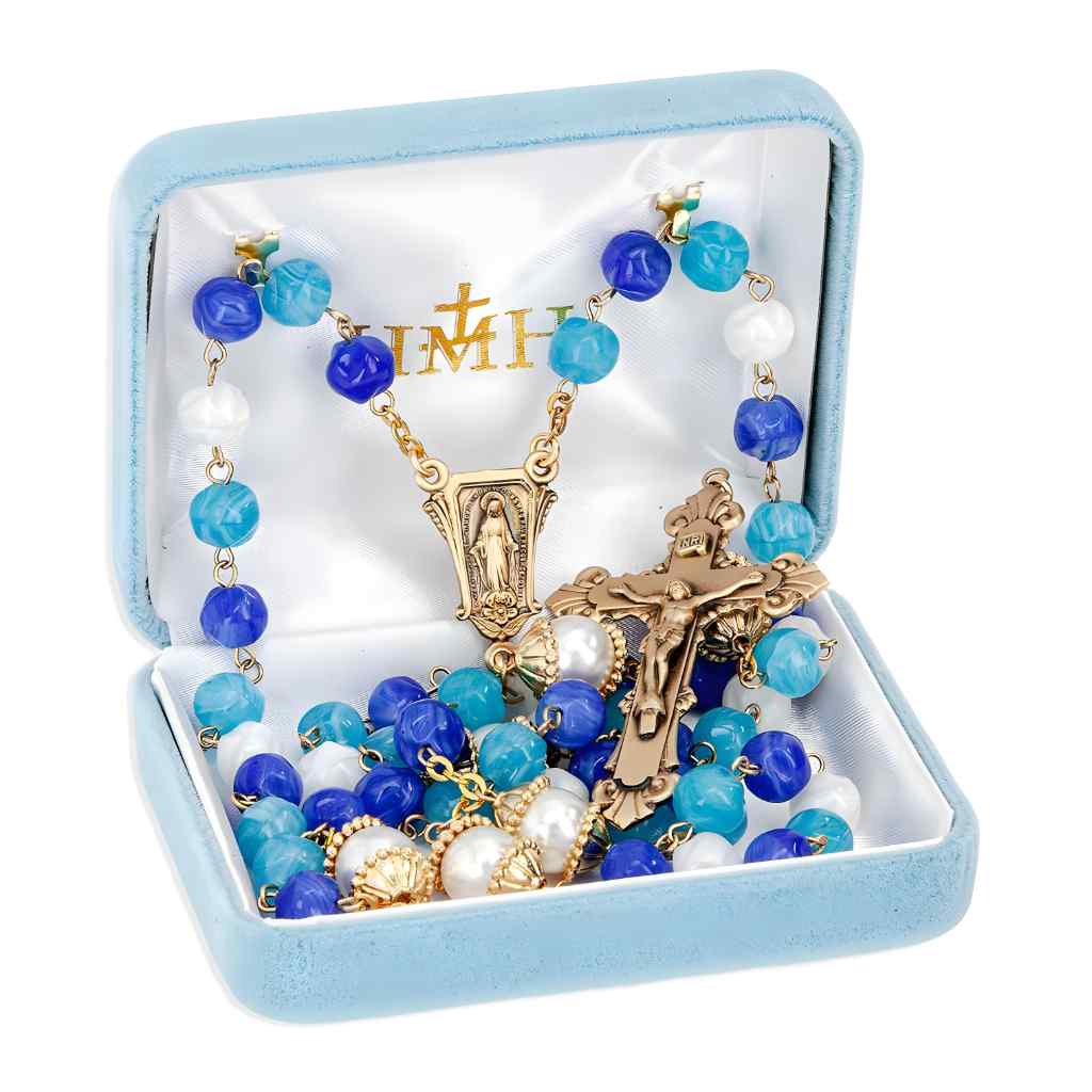 8mm Aqua, Blue & White Glass brass rosary with 12mm double capped Our Father beads rosary and brass Miraculous centerpiece and crucifix in gift box (view 3)