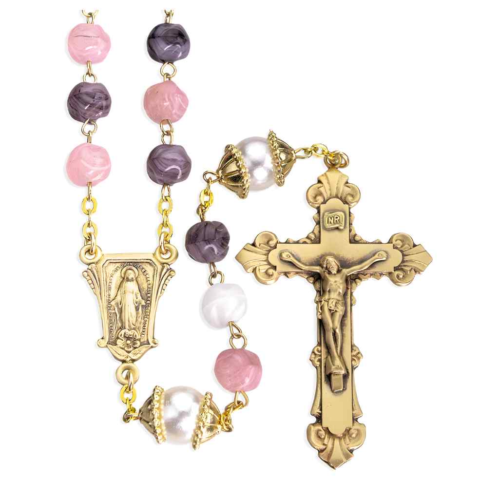 HMH Religious 8mm Pink, Violet & White Glass brass rosary with 12mm double capped Our Father beads rosary, exclusive brass Miraculous centerpiece and crucifix (view 1)