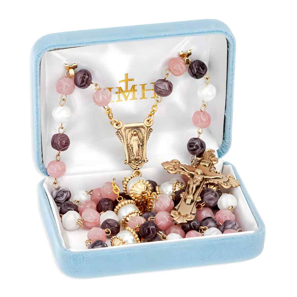 HMH Religious 8mm Pink, Violet & White Glass brass rosary with 12mm double capped Our Father beads rosary, brass Miraculous centerpiece and crucifix in gift box (view 2)