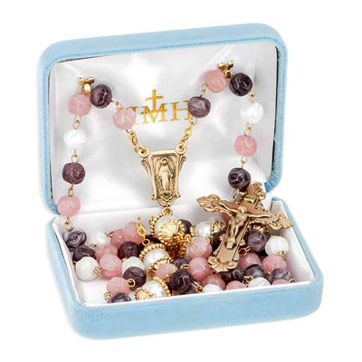 HMH Religious 8mm Pink, Violet & White Glass brass rosary with 12mm double capped Our Father beads rosary, brass Miraculous centerpiece and crucifix in gift box (view 2)