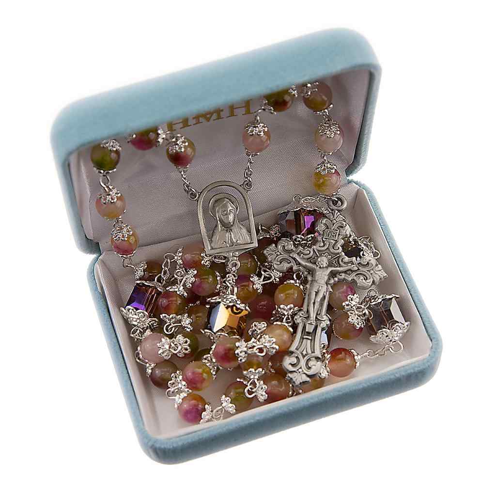 8mm multi-colored double capped rose glass beads and a 10mm Our Father cube bead Pewter Rosary in Gift Box, HMH Religious (view 2)