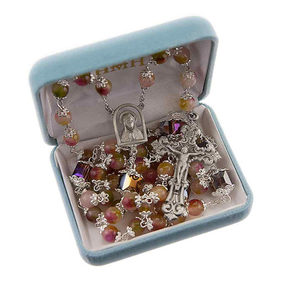 8mm multi-colored double capped rose glass beads and a 10mm Our Father cube bead Pewter Rosary in Gift Box, HMH Religious (view 2)