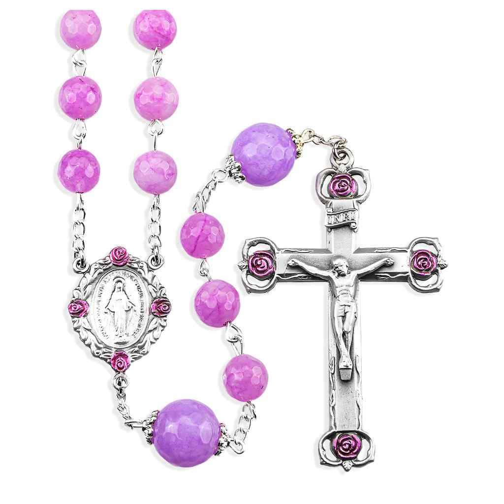 HMH Religious Rosebud Pink Dyed Glass 8mm & 10mm Bead Pewter Rosary, New England pewter Miraculous pink epoxy center and crucifix (view 1)