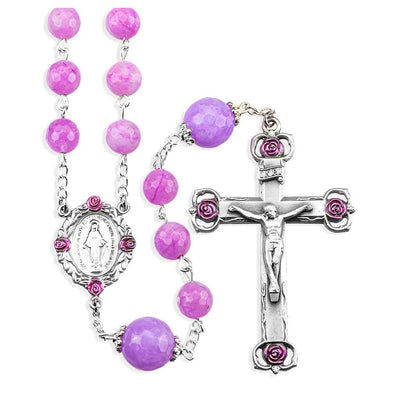 HMH Religious Rosebud Pink Dyed Glass 8mm & 10mm Bead Pewter Rosary, New England pewter Miraculous pink epoxy center and crucifix (view 1)