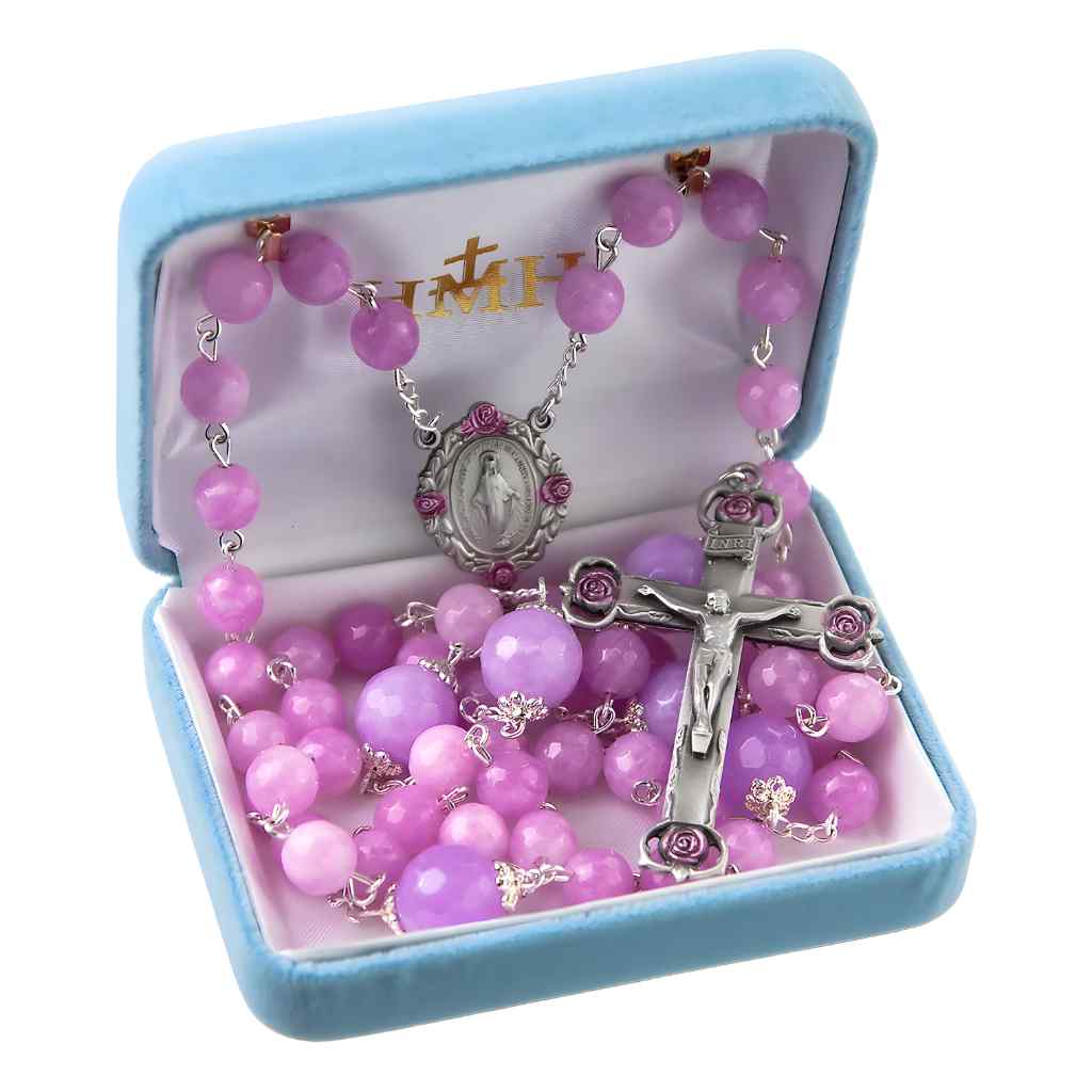 HMH Religious Rosebud Pink Dyed Glass 8mm & 10mm Bead Pewter Rosary, New England pewter Miraculous pink epoxy center and crucifix in gift box (view 2)