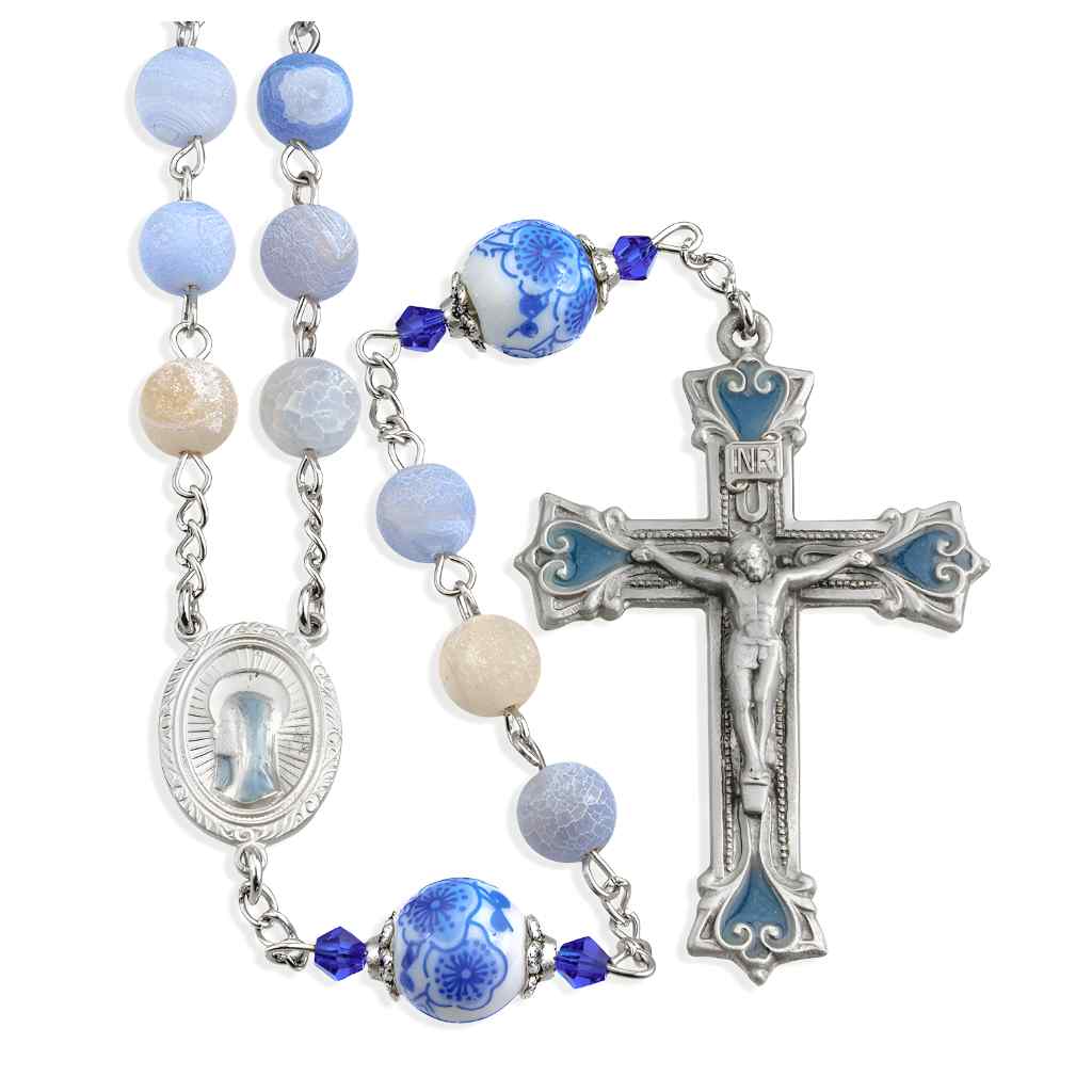 HMH Religious Light Blue 8mm Marblehead Glass Pewter Rosary with 10mm blue flower capped Our Father beads, epoxy pewter Miraculous Medal center & crucifix (view 1)