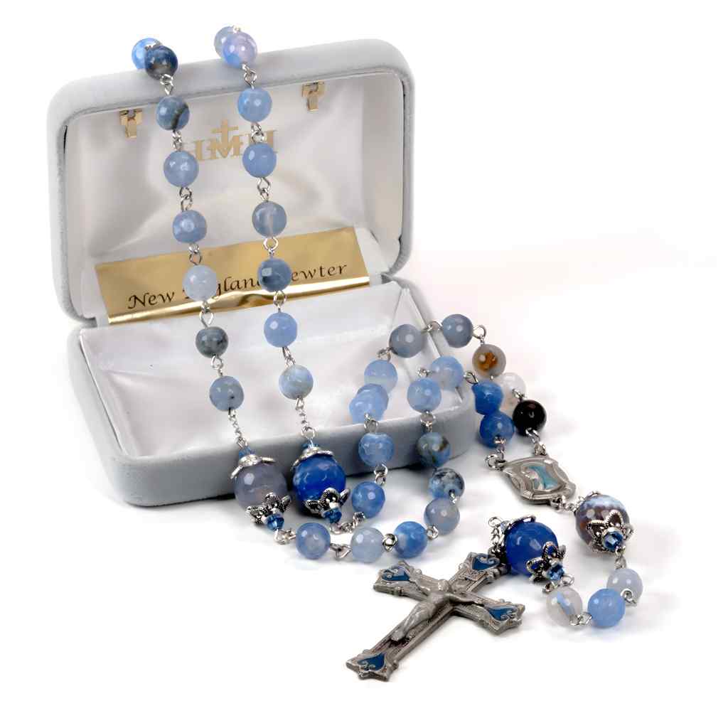 Light Blue 8mm Marblehead Glass Pewter Rosary with 10mm blue flower capped Our Father beads, epoxy pewter Miraculous Medal center & crucifix in gift box (view 3)