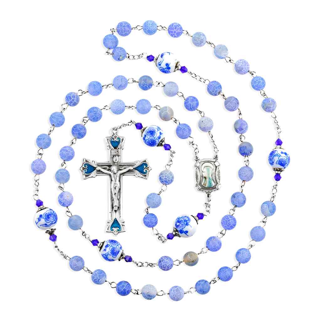 Light Blue 8mm Marblehead Glass Pewter Rosary with 10mm blue flower capped Our Father beads, epoxy pewter Miraculous Medal center & crucifix (view 2)