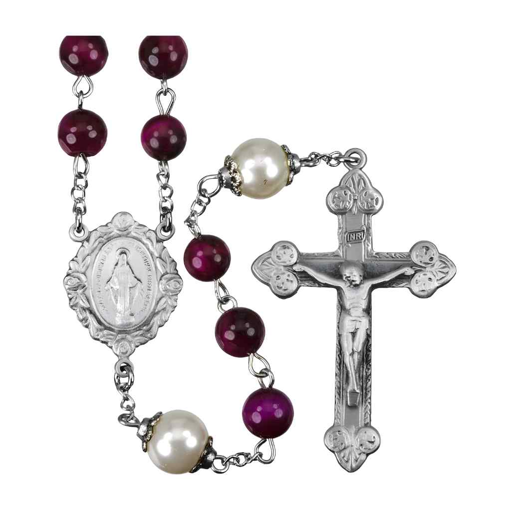 8mm Fuchsia Dyed Tiger Eye Gemstone Bead Rosary made with Genuine Pewter Crucifix and Centerpiece, HMH Religious (view2)