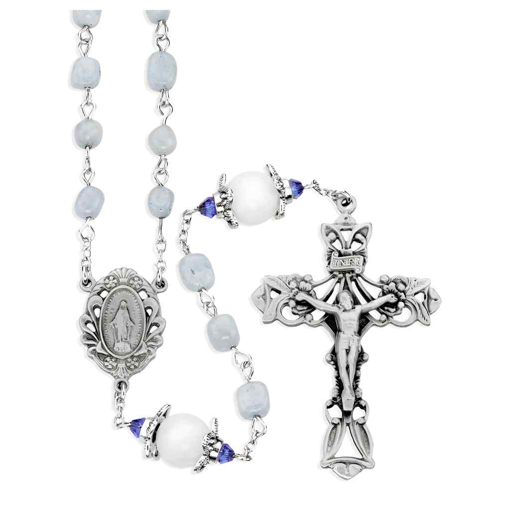 HMH Religious 6-8mm Light Grey Marbel Glass Pewter Rosary with 10mm white capped Our Father beads, New England pewter Miraculous Medal center and crucifix (view 1)