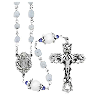 HMH Religious 6-8mm Light Grey Marbel Glass Pewter Rosary with 10mm white capped Our Father beads, New England pewter Miraculous Medal center and crucifix (view 1)