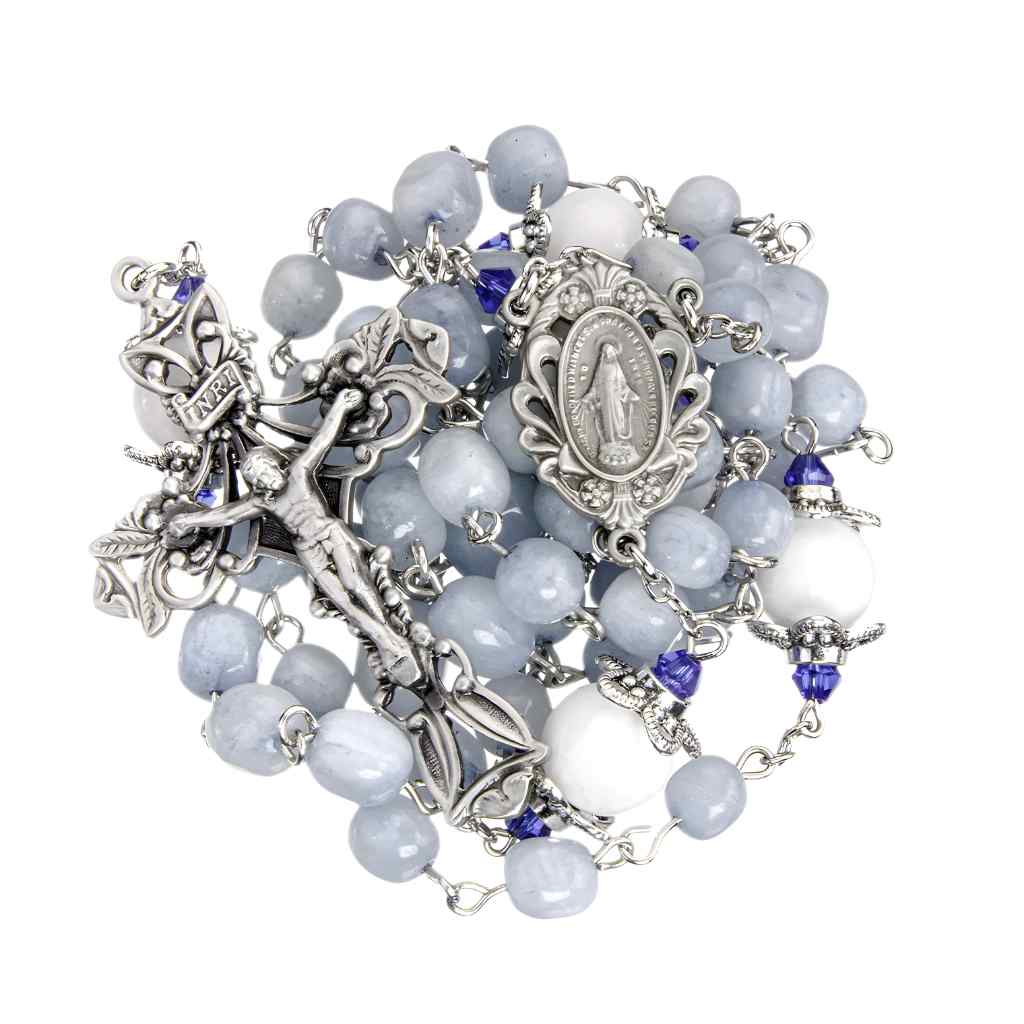 HMH Religious 6-8mm Light Grey Marbel Glass Pewter Rosary with 10mm white capped Our Father beads, pewter Miraculous Medal center and crucifix (view 2)