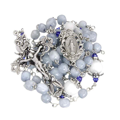 HMH Religious 6-8mm Light Grey Marbel Glass Pewter Rosary with 10mm white capped Our Father beads, pewter Miraculous Medal center and crucifix (view 2)