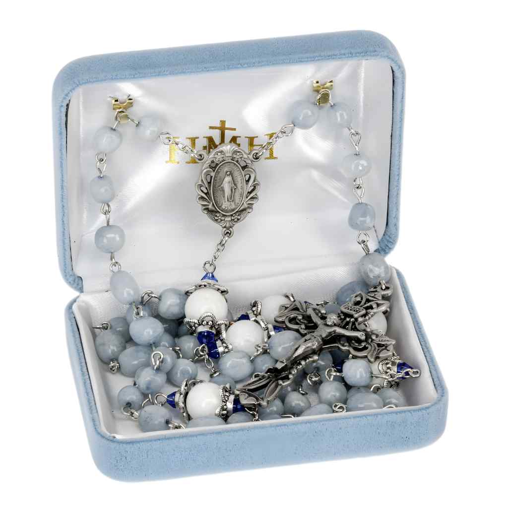 HMH Religious 6-8mm Light Grey Marbel Glass Pewter Rosary with 10mm white capped Our Father beads, pewter Miraculous Medal center and crucifix in gift box (view 3)