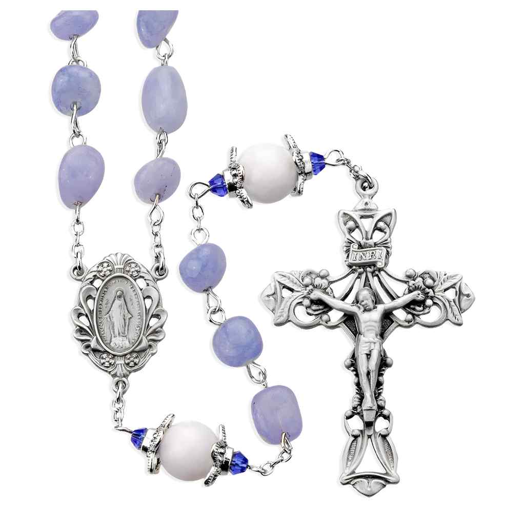6-8mm Light Blue Marbel Glass Pewter Rosary with 10mm white capped Our Father beads, New England pewter Miraculous Medal center, pewter crucifix, and silver-plated brass chain (view 1)