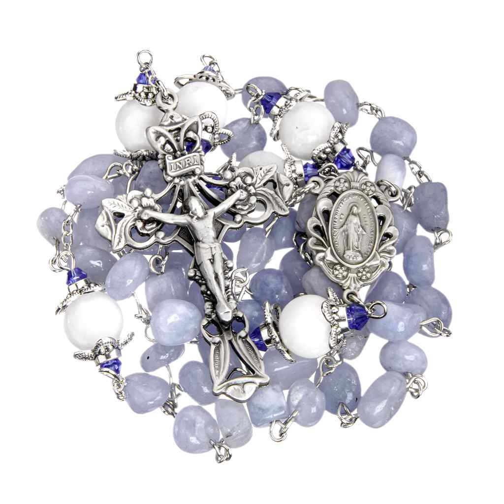 6-8mm Light Blue Marbel Glass Pewter Rosary with 10mm white capped Our Father beads, New England pewter Miraculous Medal center, pewter crucifix, and silver-plated brass chain (view 2)