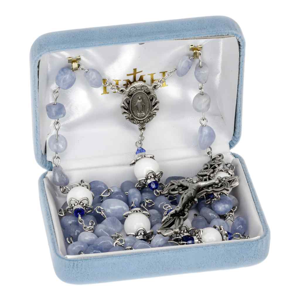 6-8mm Light Blue Marbel Glass Pewter Rosary with 10mm white capped Our Father beads, New England pewter Miraculous Medal center, pewter crucifix, and silver-plated brass chain (view 3)