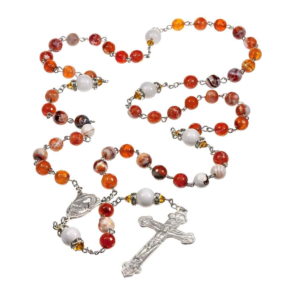 8mm White and Rust Onyx Faceted Gemstone Beads Rosary with pewter center and crucifix, HMH Religious (view 2)