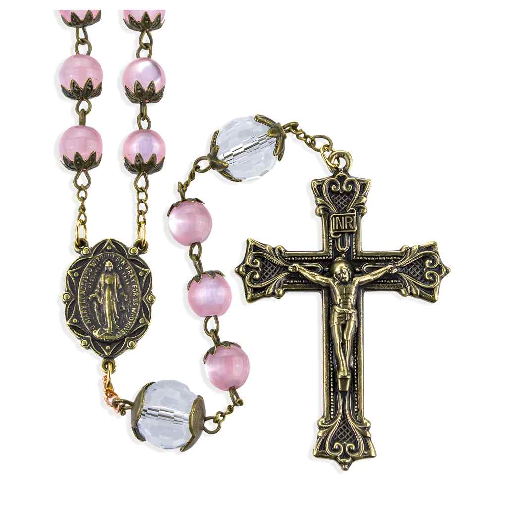8mm Pink Cat's Eye & 12mm Capped Our Father Beads Glass Rosary | exclusive Miraculous centerpiece and crucifix