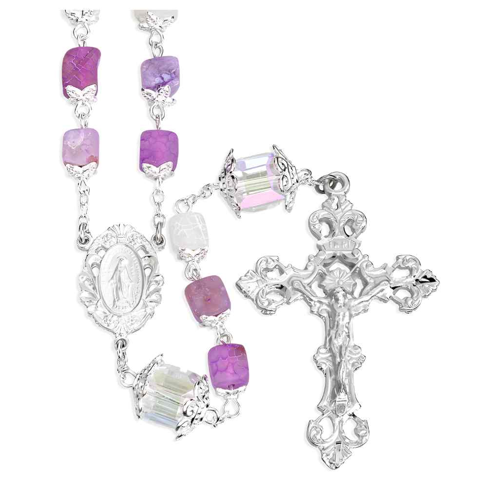 7mm Square Multi Shade Frosted Amethyst Crackle Capped and 10mm Square Crystal Double Capped Our Father Bead Rosary - Pewter Crucifix & Center, silver-plated brass chain (view 1)