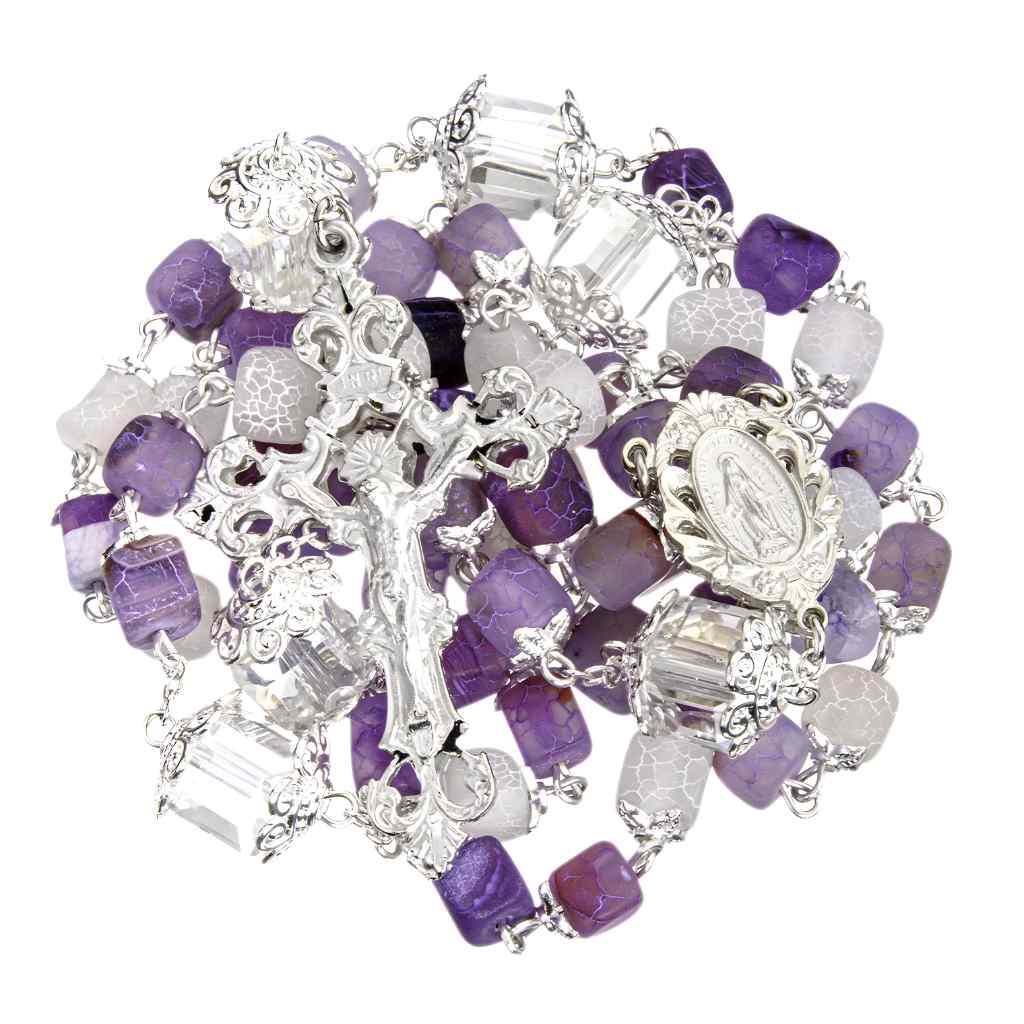 7mm Square Multi Shade Frosted Amethyst Crackle Capped and 10mm Square Crystal Double Capped Our Father Bead Rosary - Pewter Crucifix & Center, silver-plated brass chain (view 2)