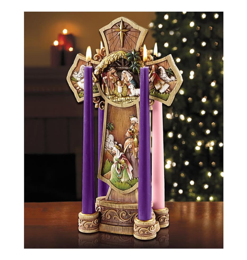 Avalon Gallery Christmas Nativity Advent Cross Candleholder,shown with candles,