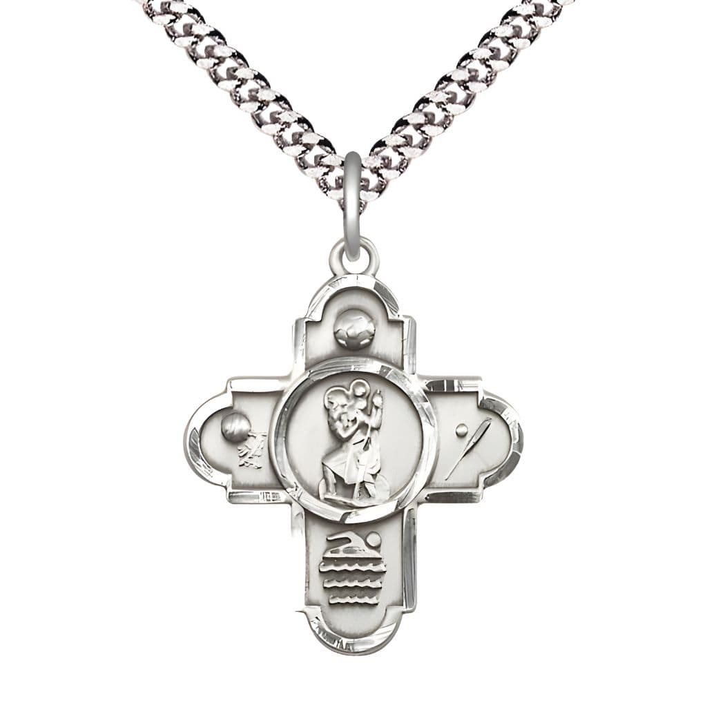 St. Christopher Sport 5-Way Cross Silver-plated Medal with 24" Plated Chain by Bliss Manufacturing