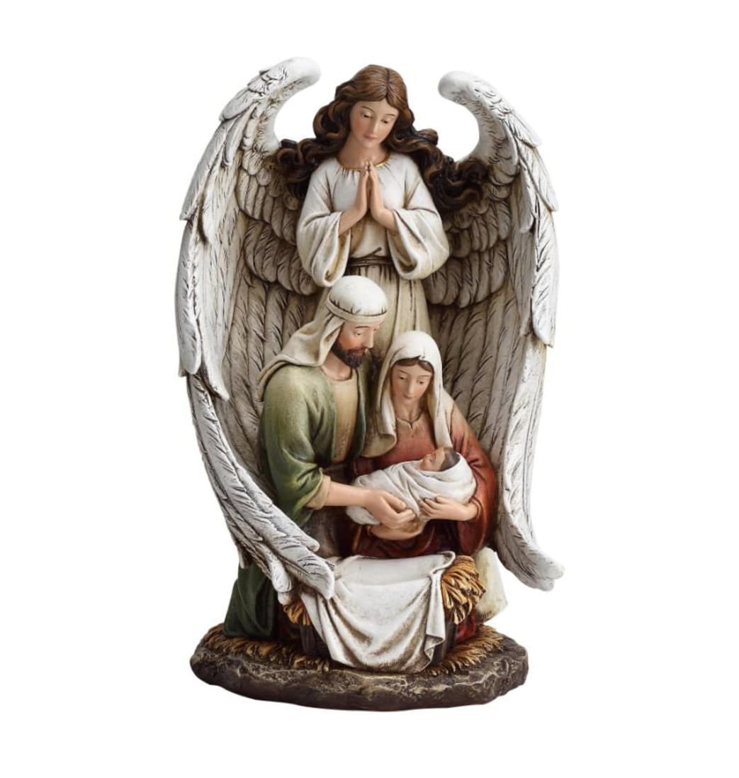 Front of Avalon Gallery 10" H Guardian Angel with the Holy Family Figurine,YC470,