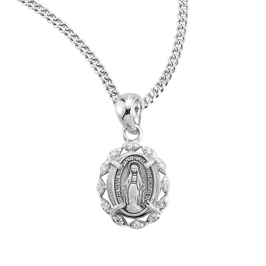 HMH Religious Circle Cubic Zirconia Miraculous Necklace, Measures 0.6" x 0.4"