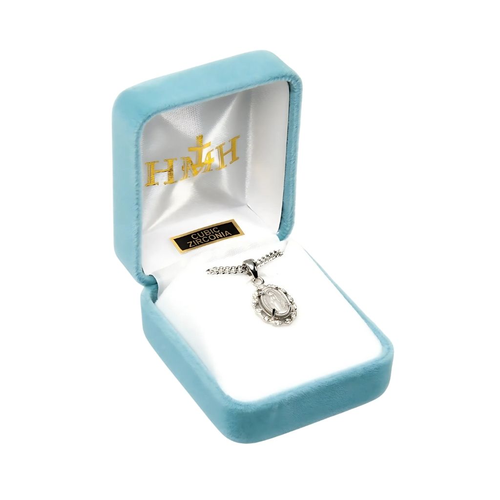 HMH Religious Circle Cubic Zirconia Miraculous Necklace in Gift Box, Measures 0.6" x 0.4",