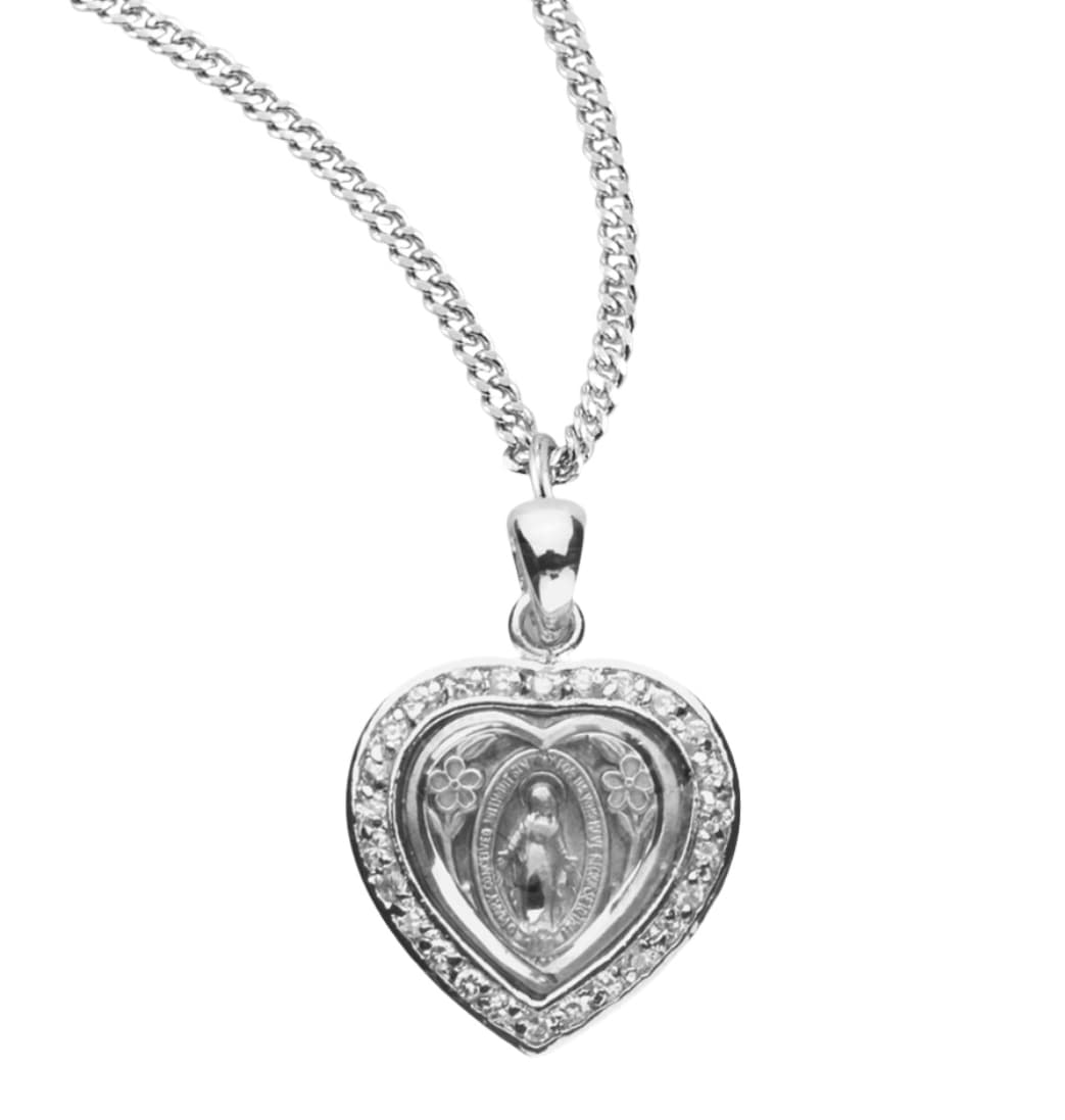 HMH Religious Small Heart Miraculous Sterling Clear Cubic Zirconia Necklace,